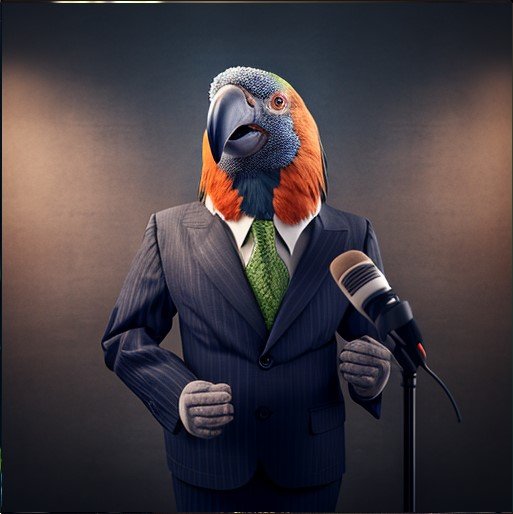 parrot in suit in front of microphone